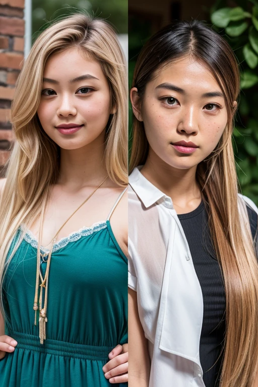 a group of beautiful young Thai women with blond hair and a bodybuilder physique, wearing a white top under a leather jacket, wet on the street, smile, taking selfie, cinematic, Key light, backlight, natural lighting, photography 400 ISO film grain 30mm lens RAW aperture f1.8, art photographer, intricate