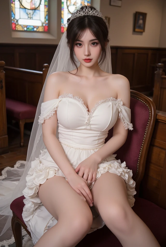 ((NSFW)), ((1.woman, alone)), Highly detailed CG Unity 8K wallpaper、highest quality、super detailed、masterpiece、realistic、Photorealistic highly detailed cute girl、(25 years old)、blush、round idium chest、胸のvalley間、semi body shot、white wedding dress、valley、Hotel、(White Princess Line Wedding Dresser Tiara、white choker、white lace gloves、white pantyhose:1.2),(white skirt、beautiful embroidery、White lace garter belt:1.2),beautiful necklace、The whole body is reflected、look straight ahead、teach by mouth、enchantment、wistful look、ecstatic face、cum face、open your legs wide、Please show me your pantyhose and sitting position facing me.、The whole body is reflected.