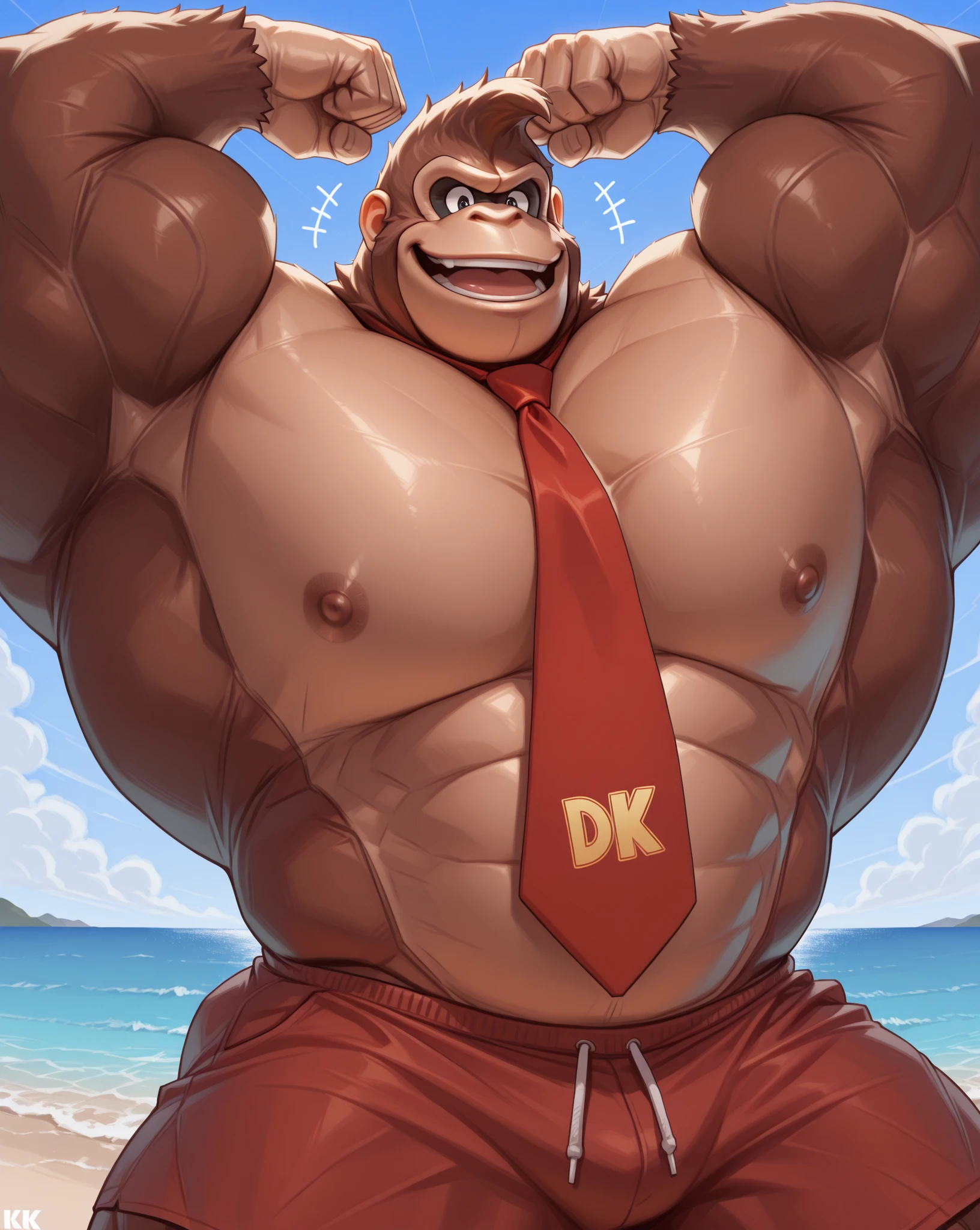 black gorilla, chubby, male focus, red underwear, biggest detailed bulge, big balls, nipples, sexy pose, cumming, having sex, inflation