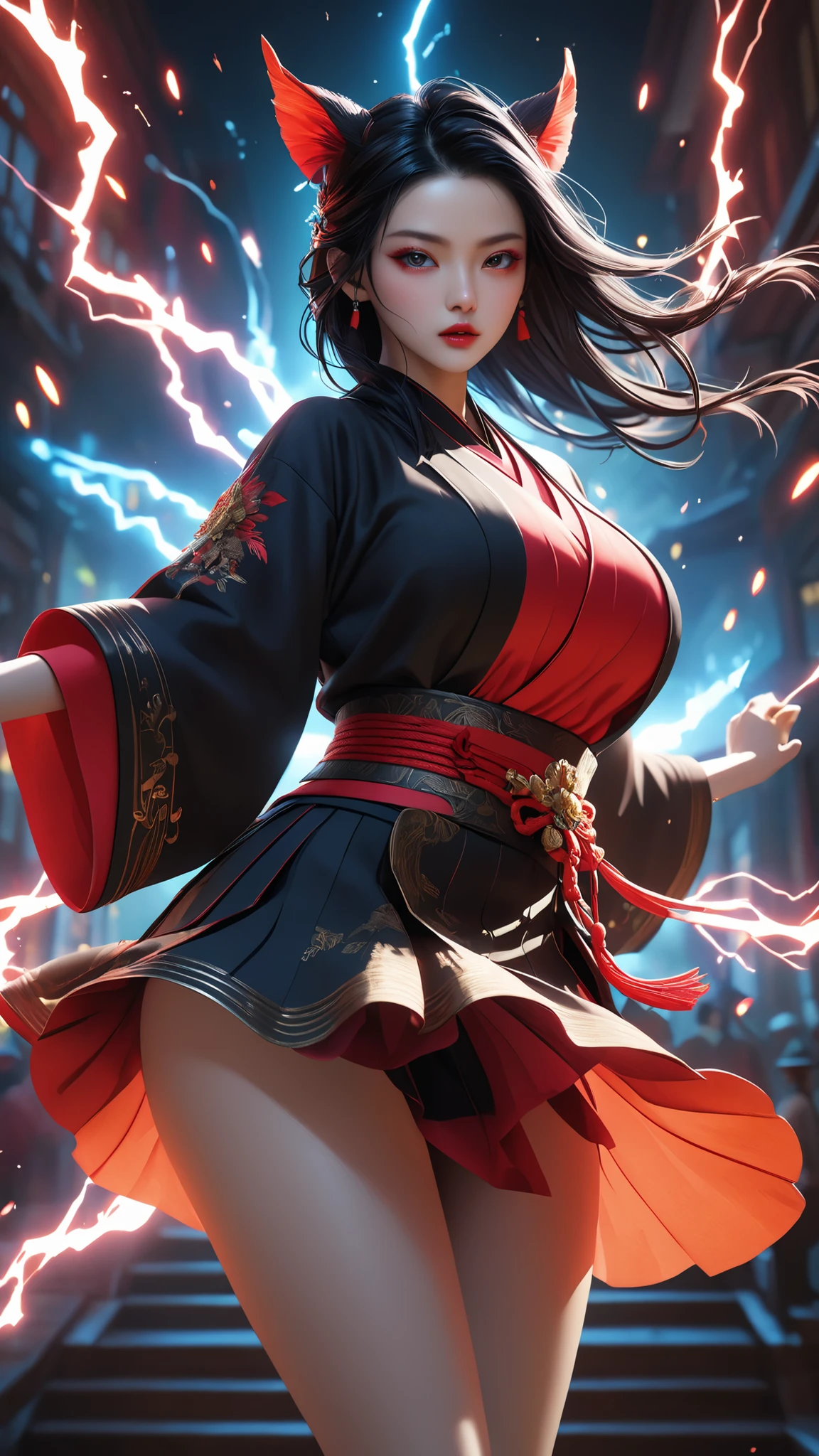 female、White Onmyoji, Blood Sky,ray tracing, Super Masterpiece, masterpiece, ultimate、top quality , super quality ,  ((live-action face:1.2))、irrational detail , best light, best shadow, sharp,  sharp image,details, extremely details, high resolution, 16k, 超high resolution,real rendering、 lightning particle effect , beautiful effects, bright color , neon light, neon, light, close-up、 super huge breasts:1.5 、Extra thin waist :1.5、 super huge butts、 Super Realistic Textured Faces and Skin、photorealistic、Original photo、Unconventional、 horror、dynamic motion:1.2、beautiful symmetrical face、Realistic 3D CGI 、Real Digital Art 、 Ultra Realistic Faces:1.2、Diagonal view、skirt for ears:1.2、Luxurious Outfits、From top to top、Under attack、 offensive posture、Attack Stance、 attack pose 、