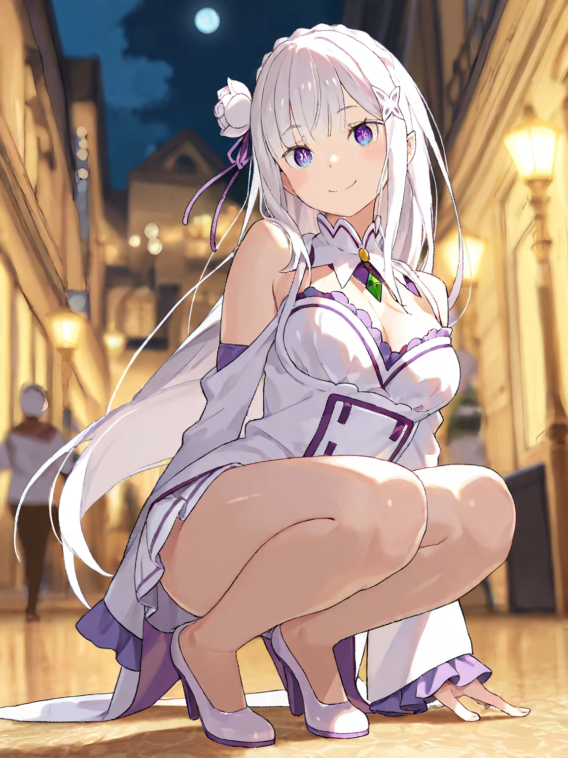 rezeroEmilia, Emilia, Braiding, crown Braiding, flower, hair flower, hair ornaments, hair ribbon, Long Hair, Pointed Ears, (Purple eyes:1.2), Gray Hair, x hair ornaments,break detached collar, Removable sleeves, frills sleeves, Frills, Long sleeve, miniskirt, pleated skirt, ribbon, skirt, Knee socks, white skirt, White sleeves, white Knee socks, Wide sleeves, zettai ryouiki,break outdoors, city, break looking at viewer, break (masterpiece:1.2), highest quality, High resolution, unity 8k wallpaper, (figure:0.8), (Beautiful fine details:1.6), Highly detailed face, Perfect lighting, Highly detailed CG, (Perfect hands, Perfect Anatomy),Show off your underwear, Thin white panties, Showing panties, Girl shows off her panties, Spread your legs, Slender thighs, Beautiful poop, White Cheeks, Garment Lift, Lifted it himself