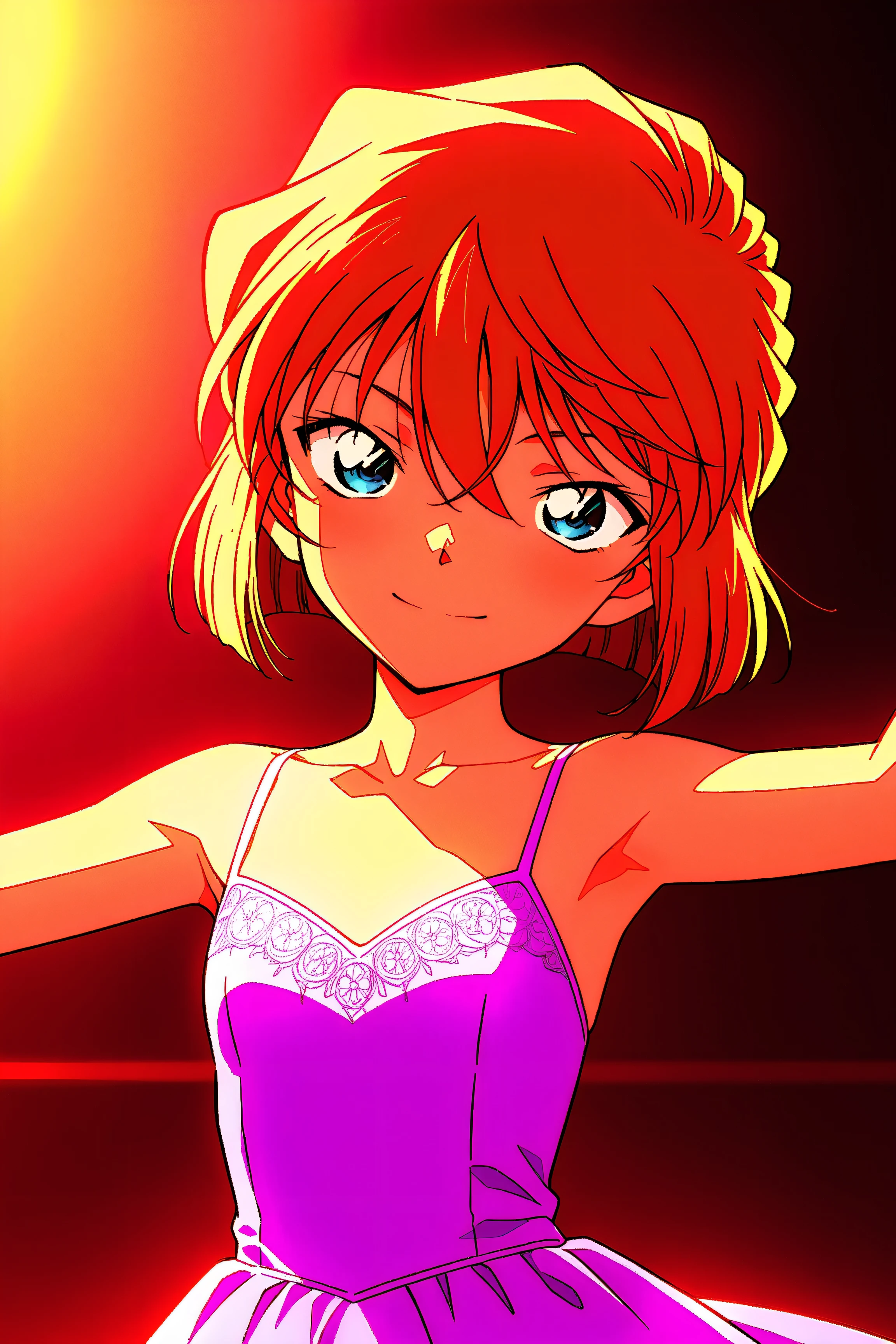 front view,
1girl, upper body, dancing on the stage ,lady, smile,
Best quality, masterpiece, soft light, official art, high quality,highres, absurdres, epic scene, natural textures, haibara ai, short hair, brown hair, blue eyes, hair between eyes, female, at the ballet theatre, sleeveless, lavender ballet dress, flat chest, raising arms