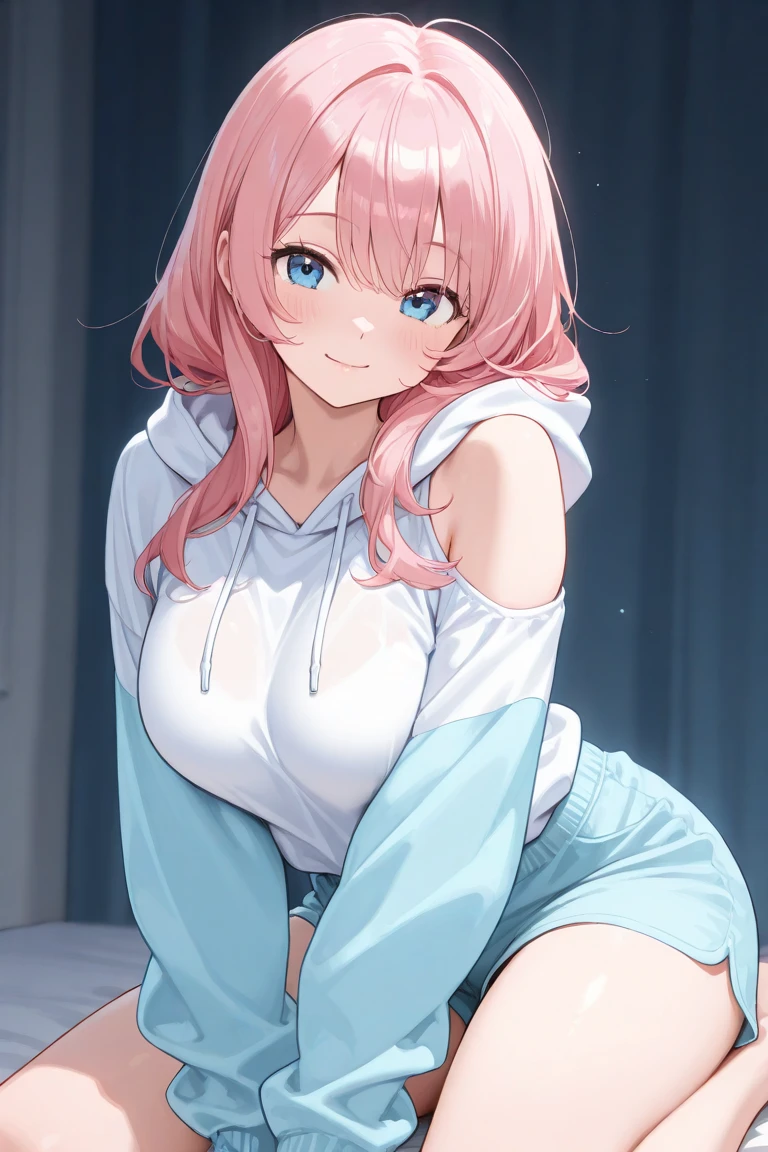 (highest quality,8k,High resolution, masterpiece:1.2), Super detailed, High resolution、One Girl、30 years old、adult、Dark pink hair color、semi-long、There are some stylish pink lines in her hair.、Short Ponytail、Hair between the eyes、Big light blue eyes、Beautiful crystal eyes、older sister、Top jersey、Jacket size XL、hot pants、Beautiful feet、Thin legs、Naughty expression、Mocking look、Sleepy look