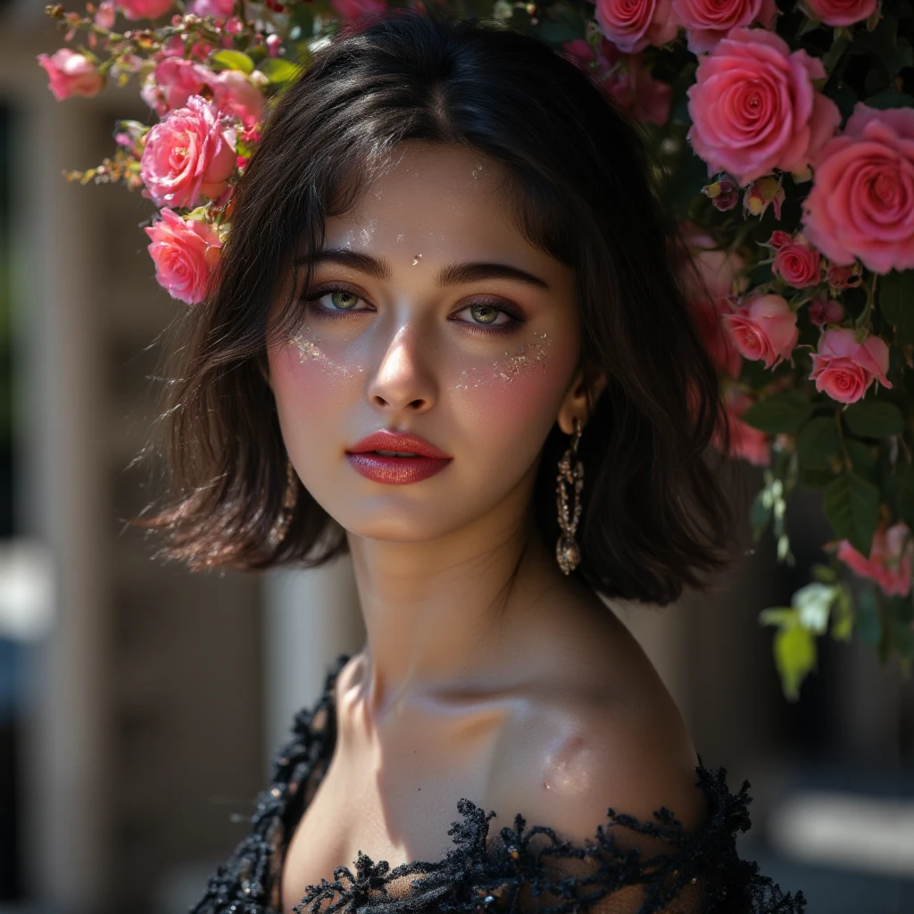 (masterpiece:1.3), (8k, realist, RAW Photos, of the highest quality: 1.4), (A girl), beautiful face, (realist Face), (black-brown fur, short hair:1.3), Crown of flowers, beautiful hairstyles, realist eyes, Beautiful fine details, (realist Skin), beautiful skin, (dress), absurd, Charm, ultra high resolution, ultrarealistic, Red lips, beautiful smile, sexy.