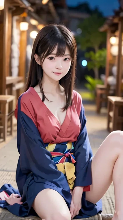 (8k、Raw photography、highest quality、masterpiece:1.2),(black haired、short twin tails:1.5),show viewer,Looking at the front,erotic,白いskin,(Wearing a kimono with a colorful floral pattern:1.6)、(Clothing that emphasizes the shape of your chest、publish one'skin:1.5)、(big breasts :1.4)、slim body shape、ultra high resolution,beautiful,beautiful fece,(alone, alone、no background:1.9),whole bodyボディー,japanese woman,(Photoreal:1.37)、photon mapping,reality、(-faced and cute: 1.0)、(cute smile: 1.7)、(With a round face: 1.8)、radio city、Physically based rendering、depth of field rally background、photograph, (I can see your knees,close up of thighs、short kimono、spread your legs:1.6),whole body、super fine