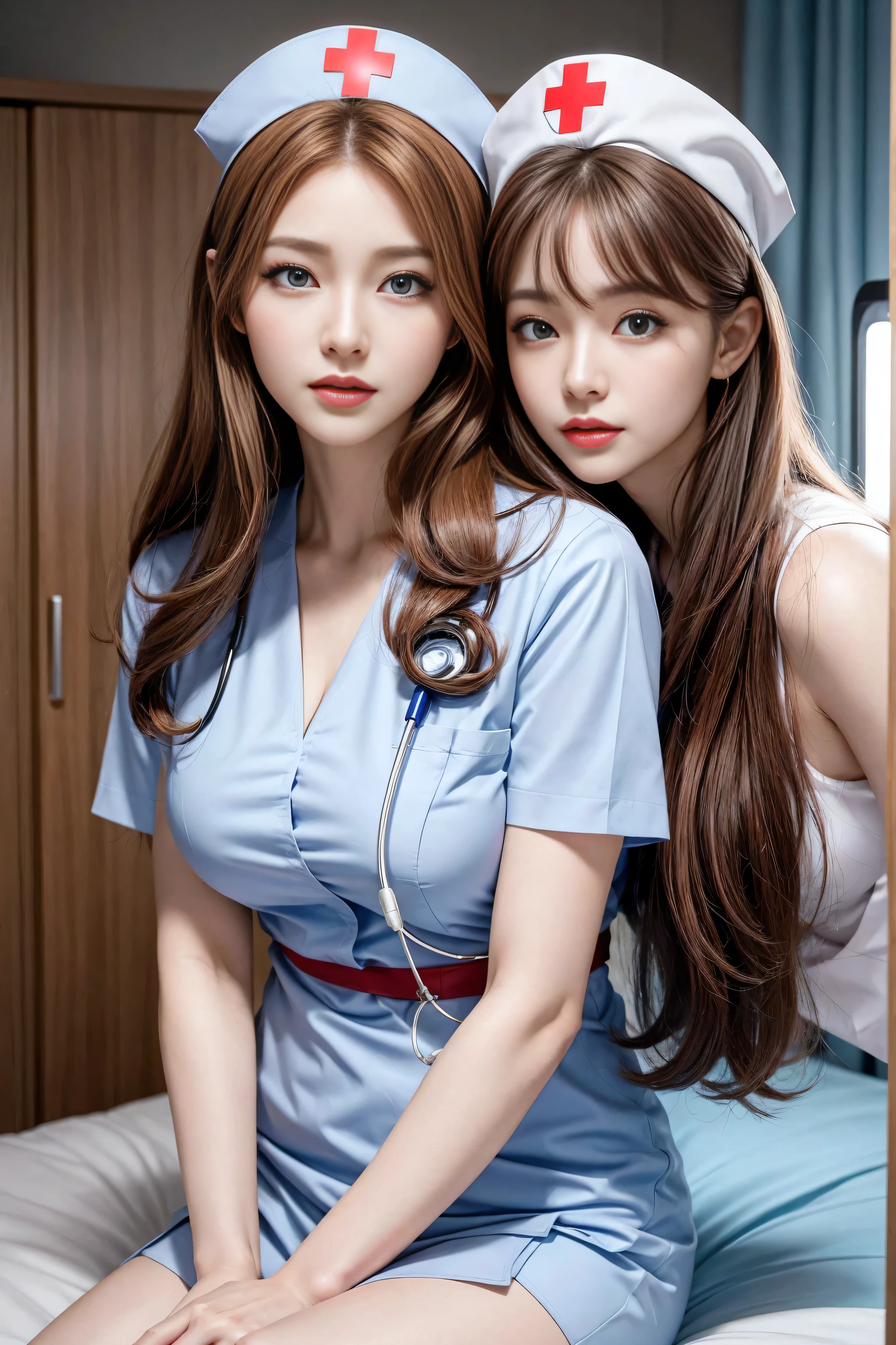 (2 Ultimate Beauty Nurse)、((Realistic lighting, best quality, 8K, masterpiece:1.3)), Lock focus:1.2, Beautiful Women in Perfect Shape:1.4, : Beautiful korean girl, Korean pop idol,Leg length,(Pale skin), (big eyes),(Smile:0.8),(plump sexy lips), complex and detailed face, ((Super delicate skin)),Delicate face,Super thin face,Narrow your eyes,Double eyelids,((Crimson hair)),(Nurse:1.3),(nurse hat:1.3),background: (hospital ward:1.2),,Large depth of field,Super thin face,Narrow your eyes,Double eyelids,(Start from below:1.manner,(Medium bust:1.2),Sexy long legs, (Thigh gap:1.5),Wide hips,S-Shaped Body, Hip lift,Leg length,Full body proportions from the front,