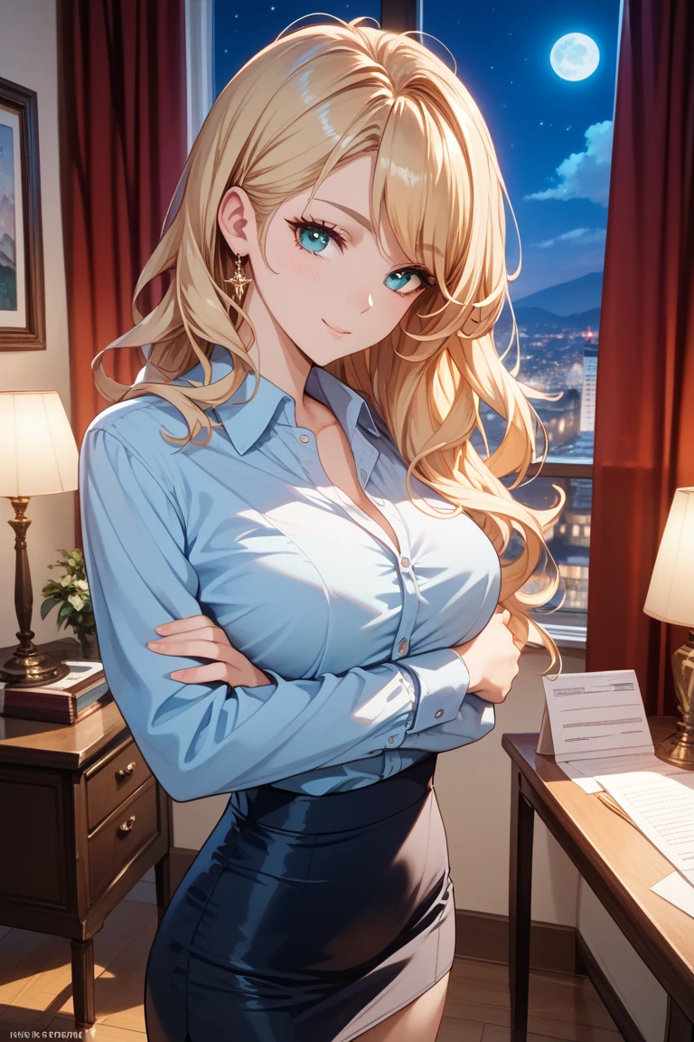 best quality, 4k resolution, portrait, elegant boss lady, fair skin, long straight hair, swept-side bang, [[[brown hair]]], blonde hair, office shirt, cleavage, office window, soft light, beautiful 