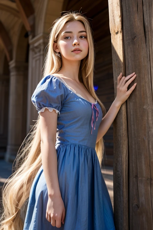 side pose of a beautiful 22 year old latino woman, wearing blue dress, smiling and posing, IN front of Walt Disney World® Resort , long straight blonde hairs, flirty look, straight hairs, perfect curvy body, blonde eyes, blonde hairs, realistic skin texture, realistic photography