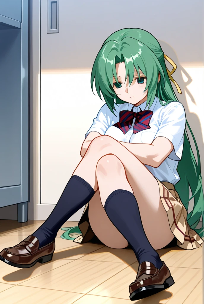 (anime screencap),(Kilo, green eyes, green hair, long hair, hairband, black hair ribbon,Frilled Panties),(JK,Sailor suit),(Wondering),Bedroom,(squat、Brush your hair back、From below,dynamic angle)