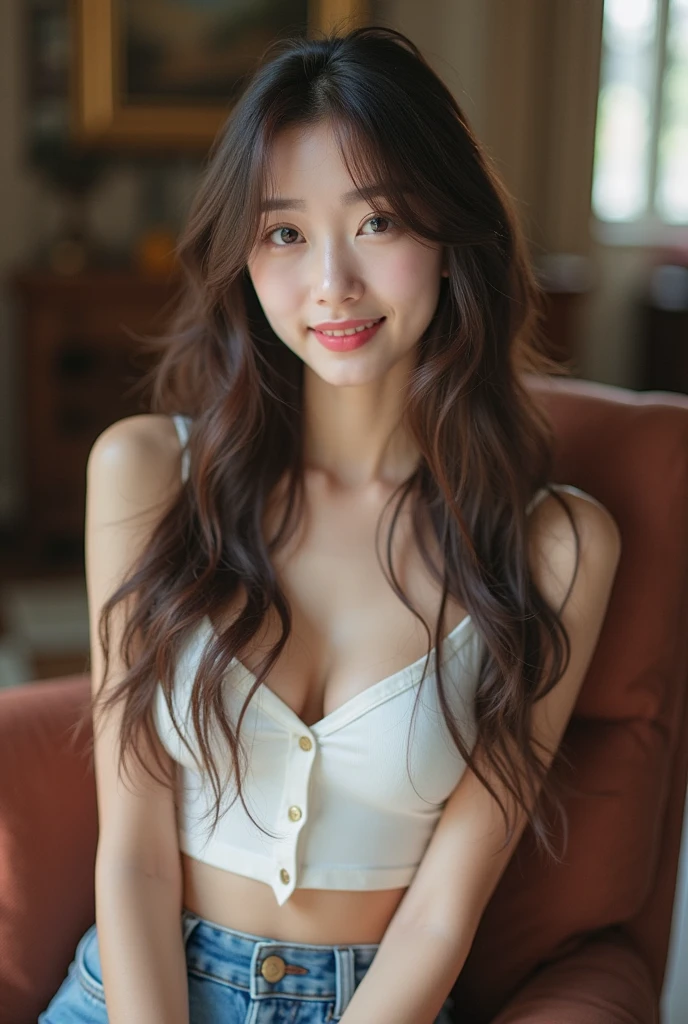 Tabletop, highest quality, shape, Very detailed, finely, High resolution, 8k wallpaper, Perfect dynamic composition, Finely beautiful eyes, one piece,Medium Hair,Natural color lip, smile, 26 years old、cute、Looking into the camera、F cup、Brown