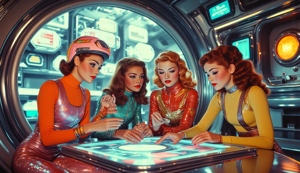 There are a lot of people with red hair and clown makeup, futuristic ballroom. olhos grandes, Fotografia Alexey Gurylev, Fotografia Alexey Kurylev, retro futuristic style, Estilo vanguardista surreal, 5 0's vintage sci - estilo fi, 7 0's vintage sci - estilo fi, Retro Futuristic Fashion, Retro Sci - Imagem de FI