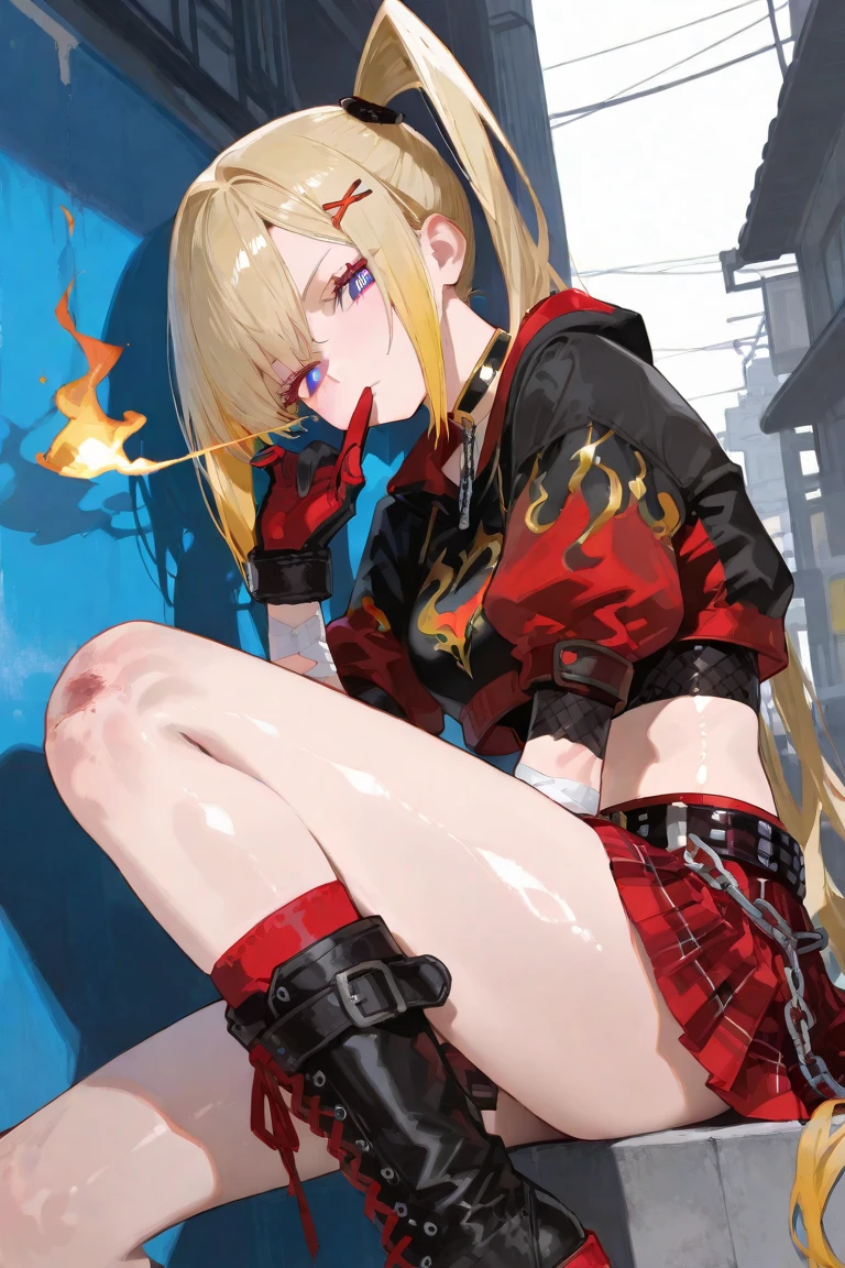 A blonde high ponytail girl wearing a red windbreaker,Wearing black clothes and fluffy pants,Red pupil,whole body,White background