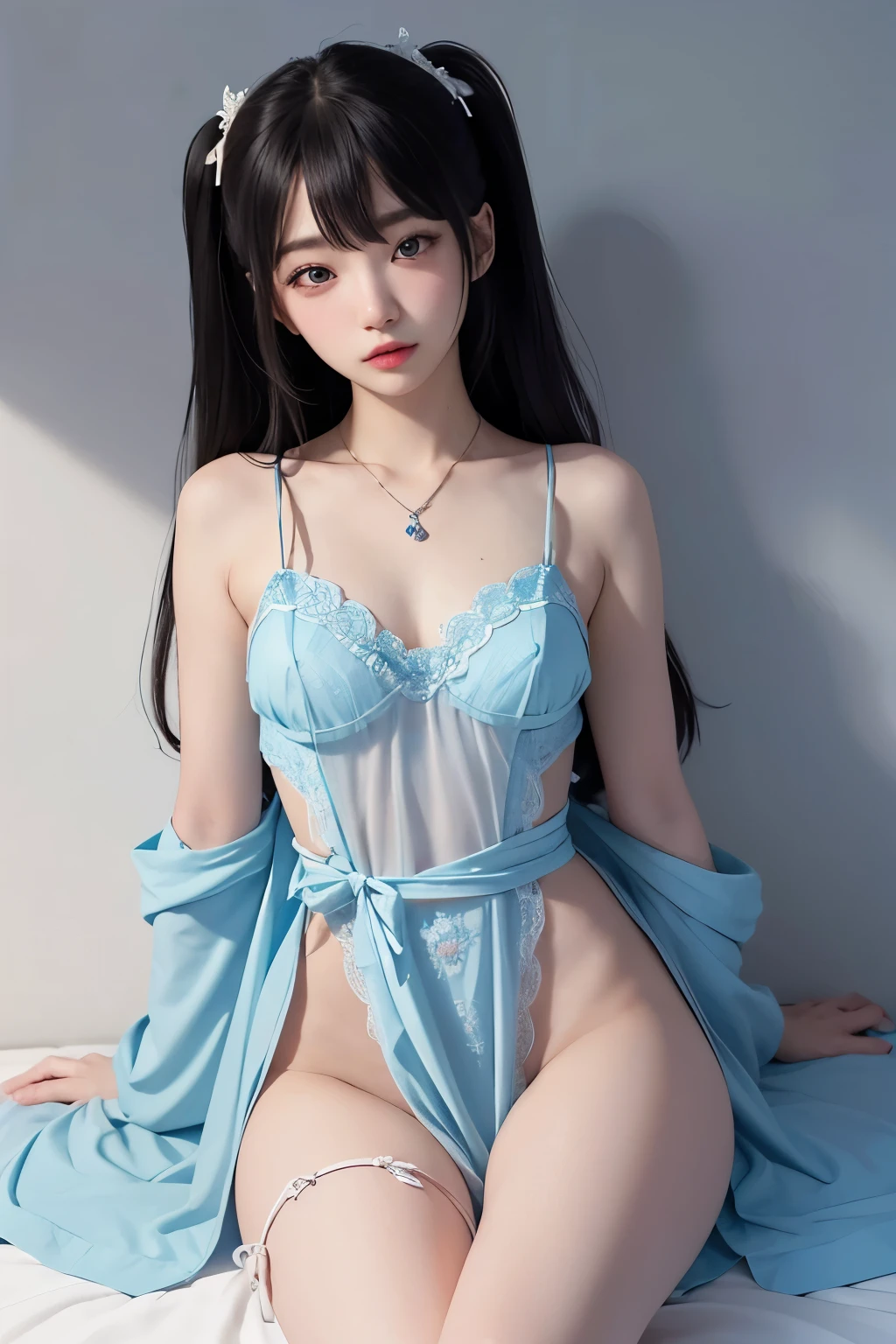 best quality, high resolution, distinctive image, 1 girl, animal ears, armpit, Put your arms behind your head, Bangs, bare shoulders, blue footwear, blue hair, blue tights, braid, breast, brown Raise your legs high, Keep your mouth shut, bench, cover navel, curtain, split collar, earrings, Eyebrows visible through hair, fake animal ears, fake Tail, garters, gradient hair, green eyes, High heel, high legs, high legs tights, huge breast, jewelry, large breast, tights, light blush, looking at the audience, messy hair, colorful hair, on bench, Pillow, a playboy bunny, Rabbit ears, rabbit Tail, short hair, side lock, sitting, alone, swept Bangs, Tail, Raise your legs high, Variza