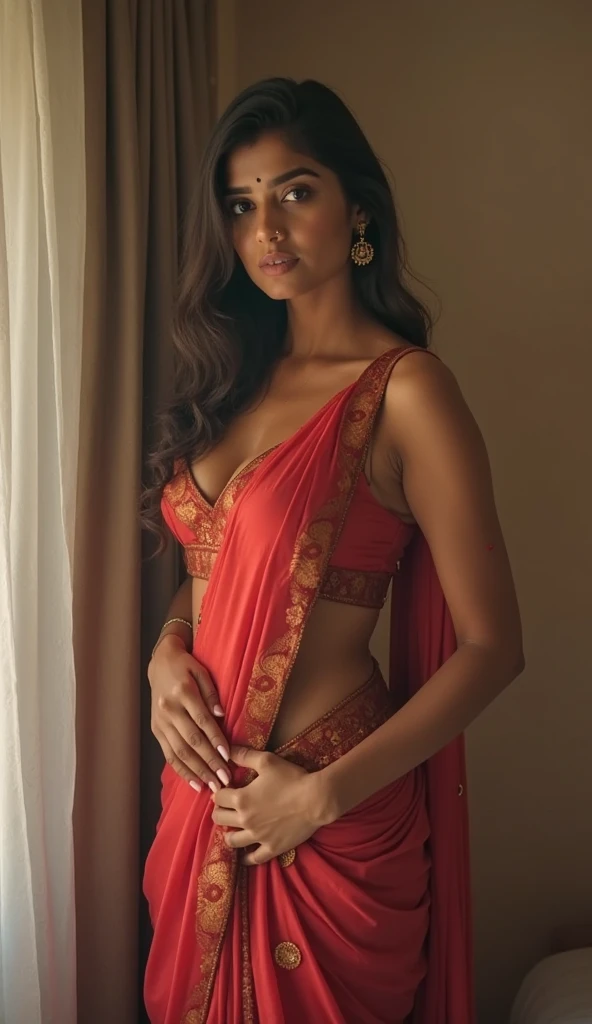 (1) In breathtaking cinematic fashion, a stunning Indian girl graces the frame. Her jet-black hair cascades down her back, framing her exotic face with its flawless caramel skin. Her almond-shaped eyes, adorned with long, fluttering eyelashes, sparkle with a mischievous glint. (2) Draped in an alluring red and black traditional saree, this beauty embodies elegance and sensuality. Her hourglass figure, accentuated by the curve-hugging garment, is nothing short of perfection. (3) With a backless blouse that leaves little to the imagination, she poses seductively, effortlessly showcasing her alluring curves. (4) The rich colors of the saree, combined with the intricate details of its