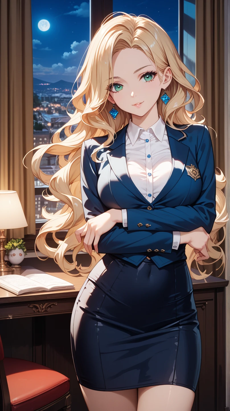 (Highest quality、Very detailed、Ultra-high resolution) 、(1 girl、17 years old、Mature), blue eyes、smile、((Blonde))、Semi-long hair、Beautiful breasts、(suit:1.4), T shirt, High heels, earrings