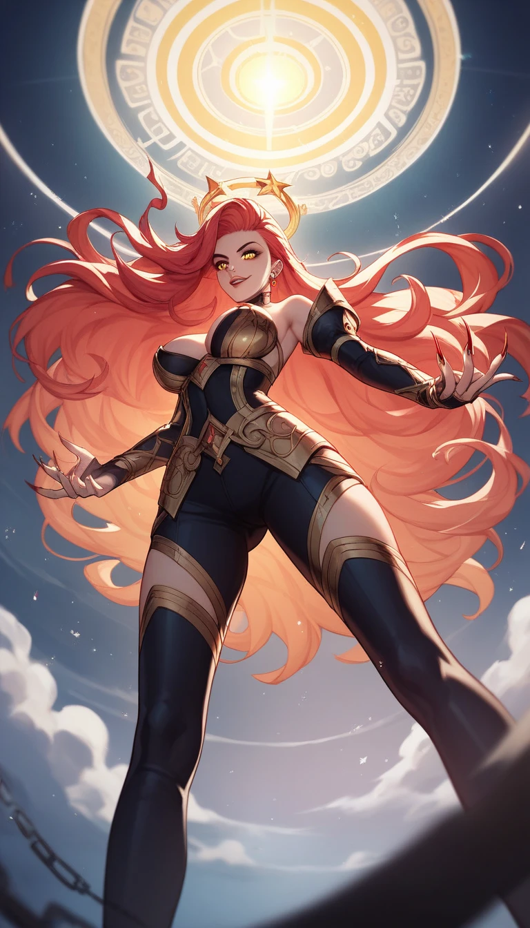 (ultra realistic,32 mil, Artwork:1.2),(highly detailed skin:1.1),( high qualiy:1.1), flowers escura,evil, hair orange, yellow  eyes, detailedeyes, face detailed, booties, Black Skirt, mitts, black jersey, wings, Glossy clothing, thick-thighs, campo de flowerses, flowers,sunshine light, pollen, pollen particles, nblurry background,, (Huge breasted,large breasted:1.1),(looking ahead at viewer, standing:1.1),(volumetric lighting:1.1),