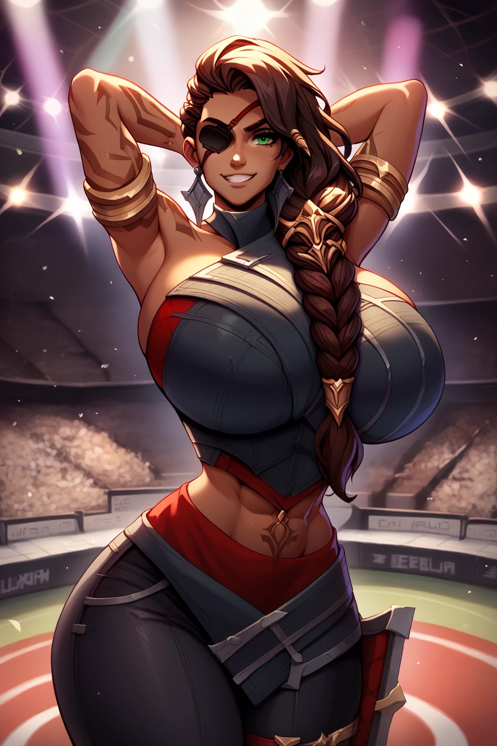 (1 mature muscular female paladin,white paladin armor,arm guard,leg guard,blue and red different color eyes,25yo),brown long hair,braid,(red blush,embarrassed),dynamic pose,dynamic angle,navel,pose for photo,cameltoe,branwen, heterochromia, sandals, side plait, drill_hair, arm shield, armor,(colosseum),fighting pose,standing,from the back, nice body, pretty face, older woman, light RED hair, eyes, neck chain, shoulders, SWEATSHIRT, LEGGING PANTS, big chest, belly, thin waist, thick legs, thick thighs, big ass, close-up scenery random background looking at viewer,(pussy,dump, cum dump, cum in pussy, (cum overflow), cum drip,(cum on face), (cum on body), (cum on all over body),cum on the whole body,(bukkake), (cum on her face:1.2),Large amounts of cum),