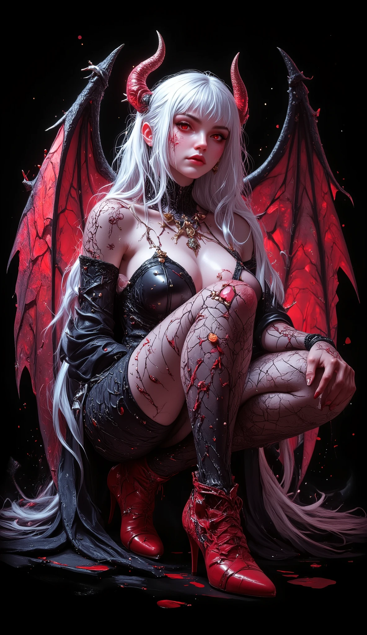 1 Girl, Wings , fishing net, alone, horns, Tail, fishing netstockings, red eyes, Pointed ears, Chest, Demon Girl, Long hair, stockings, high heels, 惡魔 Wings , Squat, white hair, Cutting, necklace, 惡魔Tail, Blood, Watch the audience, jewelry, Colored Hair , Red Feet Wearing, horns形頭髮, Low Wing, hand, black, surreal, 4K, high resolution, Realistic, Realistic攝影, Movie Style, Unique character, Fine to Micro, vivid colors, Bokeh