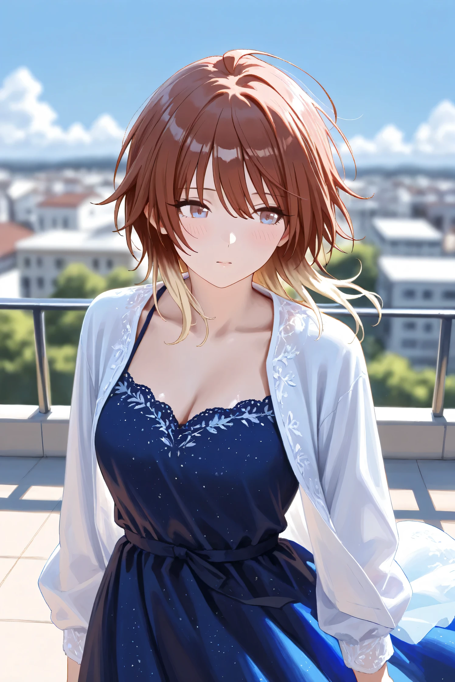 (Masterpiece), (Highest quality), (Very detailed),
(The best shape), (Best Shadow), (Absurd),
(Detailed background), (So beautiful), Shiny ,
Extraordinary, Countershading, 8k, 32K, High resolution, Beautiful eyes in every detail,
Very Detailed CG, UHD,
Score_9, Score_8_up, Score_7_up, Source_anime,
(Pastel painting:1.2), (Watercolor painting:1.2),
(Masterpiece, Detailed:1.2), (Foreshortening:1.2),
Cinematic, Dramatic, (Depth of field:1.4),
(Blurry background:1.4), (Realistic background:1.4),
(Foreshortening:1.3),Dynamic angle, 1 girl,
Outdoor, rooftop, blue sky, cloud, wind,
aketa mikoto,
The idolmaster shiny colors,
m_aketa,
brown hair, medium hair, blonde hair, multicolored hair,
brown eyes, blue eyes, multicolored eyes,
(Casual wear:1.3),
(indigo dress:1.1), casual dress, long dress,
shirt, open shirt, long sleeves shirt,
cowboy shot, Focus on face, close up shot,
(Blush:1.3), looking away,
Realistic skin, Shiny skin,