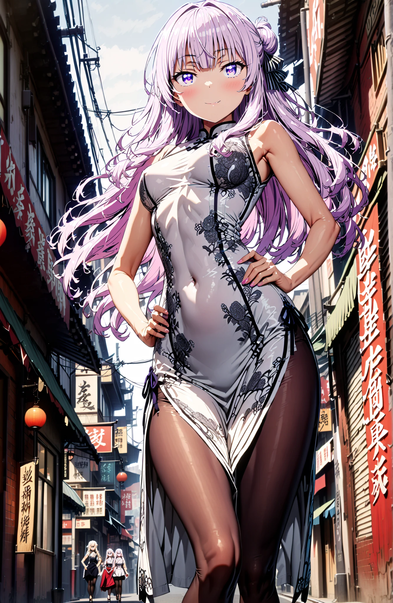  Sakayanagi Alice, long hair, solo,bungs, PURPLE EYES, white hair, blunt bungs,White Chinese clothing,long slit,sleeveless,black pantyhose,pin heels,standing,Grab your hips with your right hand,smile,blush,mouth,angle from below,full bodyがイラストに入るように,in their 40s looking at viewer,full body,
in their 40s outdoors,Chinatown,
in their 40s (masterpiece:1.2), best quality, high resolution, Unity 8Kの壁紙, ( illustration :0.8), (beautiful detailed eyes:1.6), very detailed face, perfect lighting, very detailed CG, (perfect hand in h, perfect anatomy),