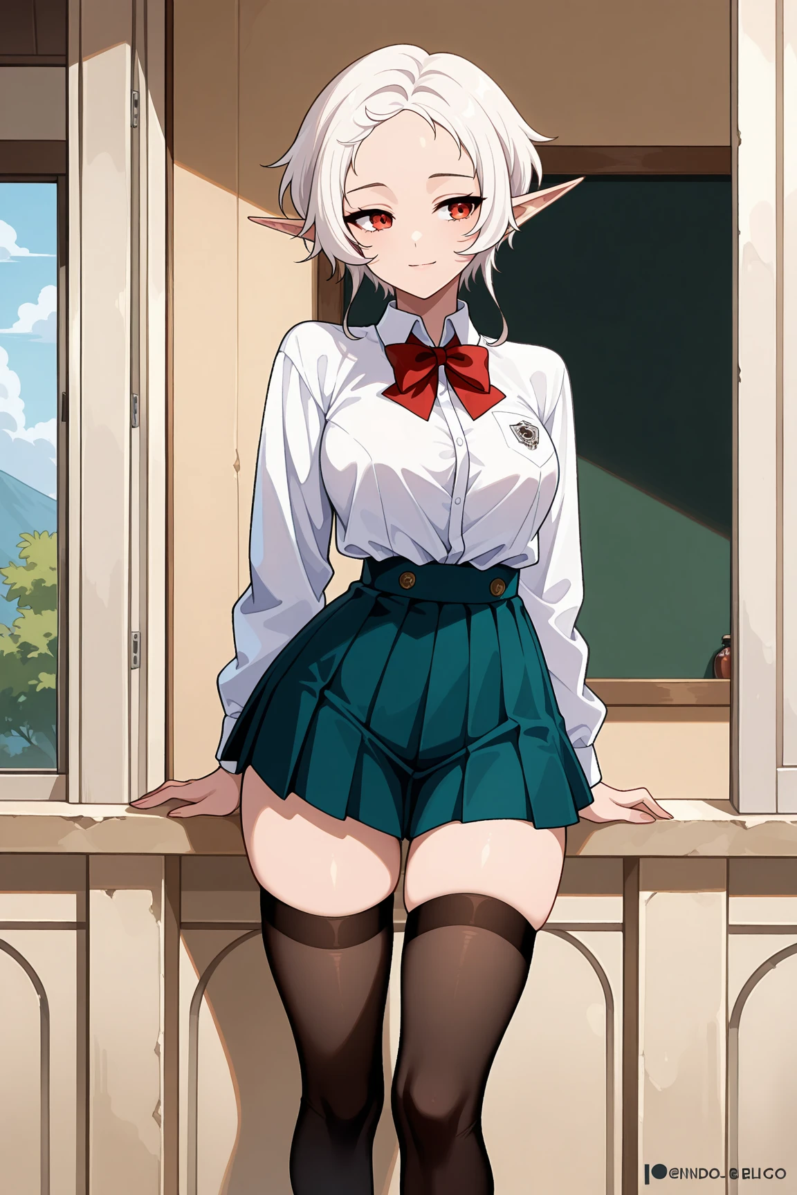 masterpiece, best quality, high_resolution, fine details, very detailed and beautiful, distinct_image, 1 girl, solo, from below, silver hair, red eyes, dragon horns, (huge), (),waiting for a kiss,outdoors, plants, botanical garden, dolphin shorts, arms behind,school uniform,thighhigh, miniskirt