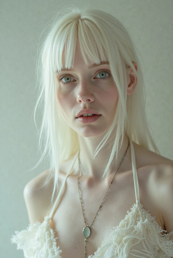 young woman, 15 years. Silver, straight hair, red, thin губы, pale skin. light eyebrows, thin.