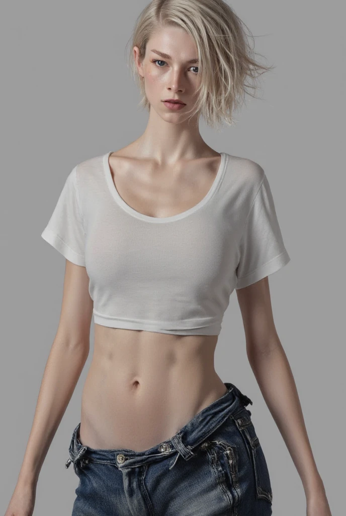 Create a blonde American model, with a slender figure and an angelic face with a fresh and youthful appearance with anorexia and full body