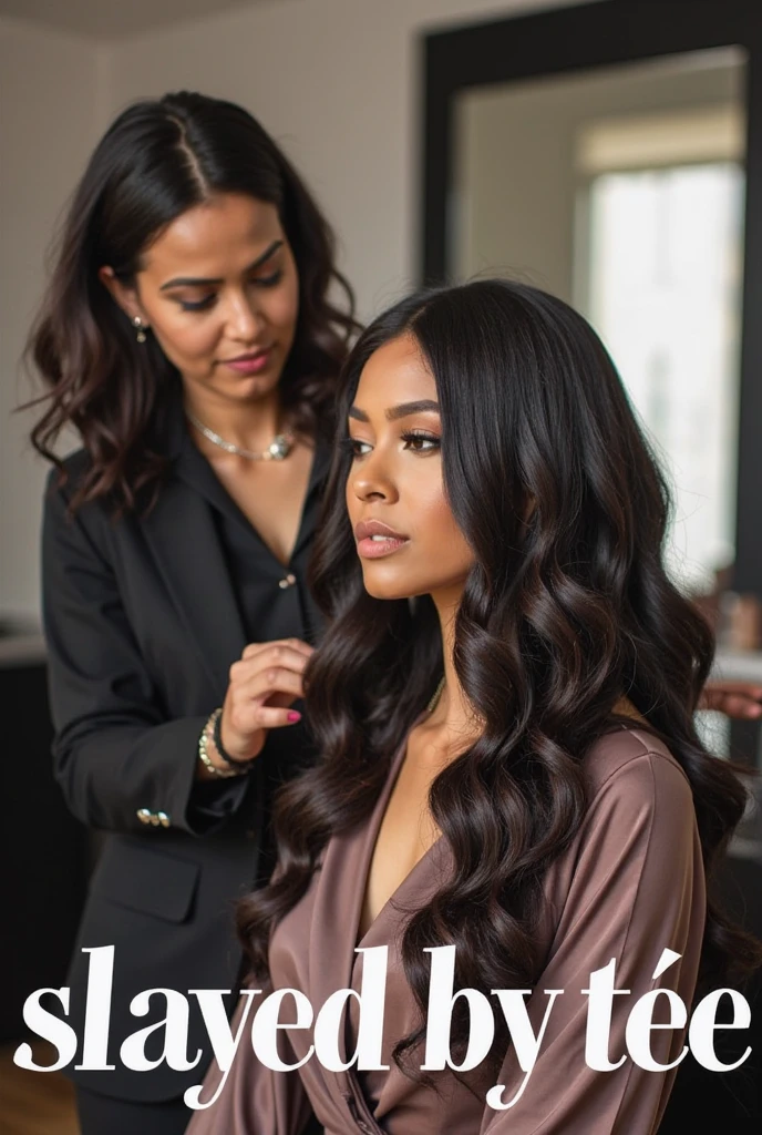 Generate an image of a black skinny curvy beautiful lady learning how to braid hair in a salon at the city