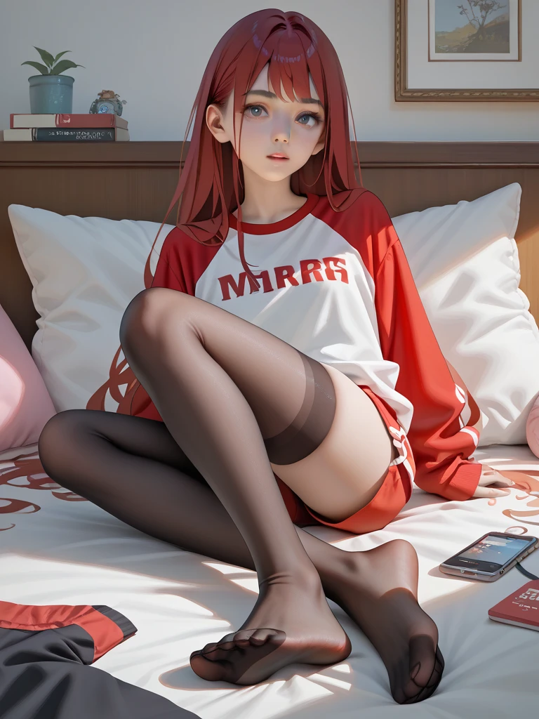 Beauty all over the body，Long legs，Tall and tall， in red sweater，black lence stockings，athletic sneakers，a skirt，sitting on bed, 