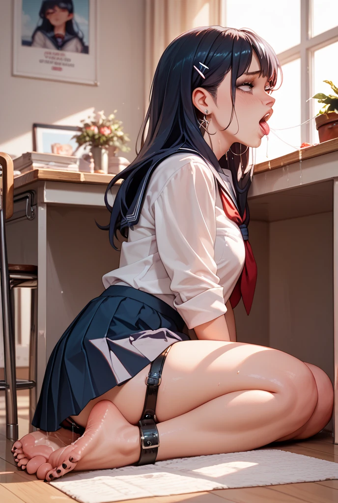 best quality,ultra-detailed,high resolution,newest,1girl,thighhighs,breasts,sweat,steam,school_uniform,white_shirt,rikka takarada,black hair,blue eyes,long hair,black skilooking at viewerrt,white cardigan,mini_skirt,pleated skirt,girl trembling with sexual climax,clothed,private room,embarrassed,orgasm,,aroused,,female masturbation,big black dildo,sitting,spread legs,open legs,15 years old,seductive smile,covering own eyes, covering face,ponytail