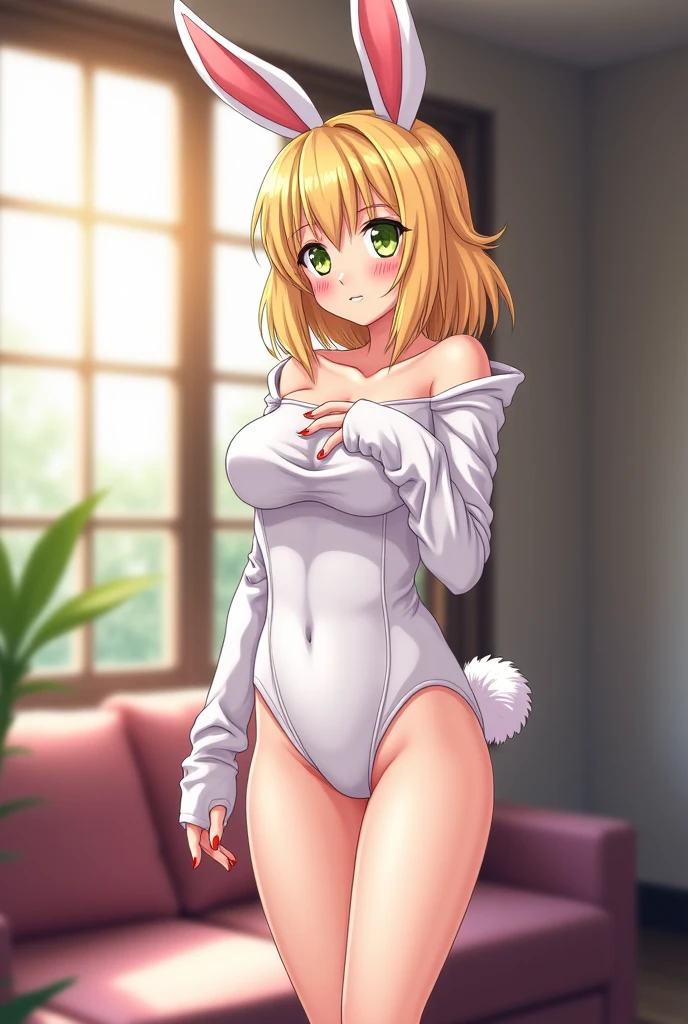 (masterpiece), ((best quality)), (super detailed), (beautiful eyes beautiful details eyes, Clean and delicate face), (whole body, standing), Furry, solo, blonde pony tail, slick back, smile, white dress shirt over naked,  abs, medium breasts, (blushes 1.5), blushes a lot, steam, sweating, orgasm, wolf tail, wolf fangs, fur, furry body, anthro wolf girl, white underwear, open shirt, navel, thigh, clavicle, thighhigh, simple background