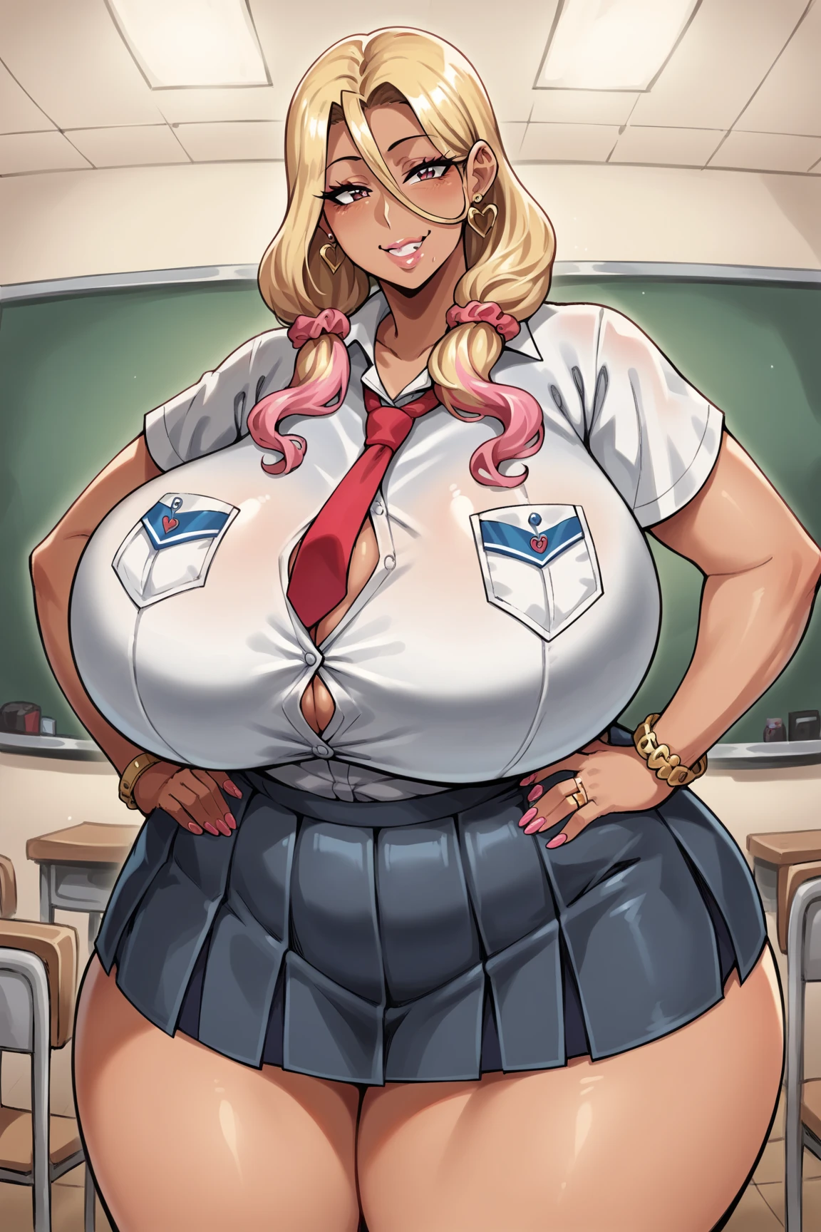 score_9, score_8_up, score_7_up, source_anime, solo, 1girl, seras victoria, hellsing, blush, shy, looking at viewer, arms behind back, blonde hair, hair over one eye, blue eyes, pink latex mini bikini, string thong, bimbo, bimbofication, bimbo girl, bimbo clothes, bimbo clothing, bimbo makeup, bimbo lips, classroom, teacher, teaching, smug, dominant smug, femdom