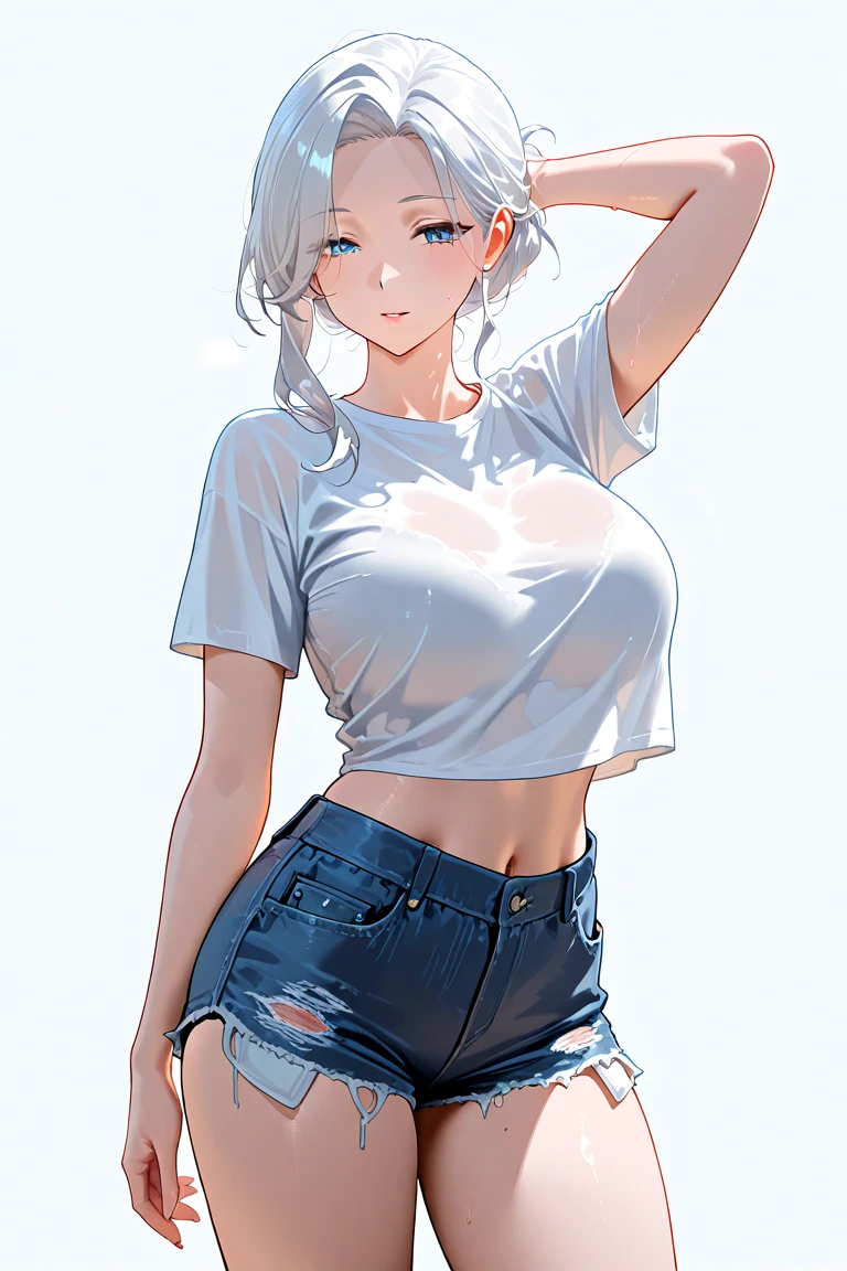 Photograph of the upper body of a beautiful woman, , [see through](white t-shirt:1.47),(Jeans:1.47), big breasts, (small waist, perfect body curves), earring, Sharp focus, (tall body, mature woman), ((Looking ahead)), (Highly detailed skin, hair follicles:1.4) (long white hair),(purple eyes)