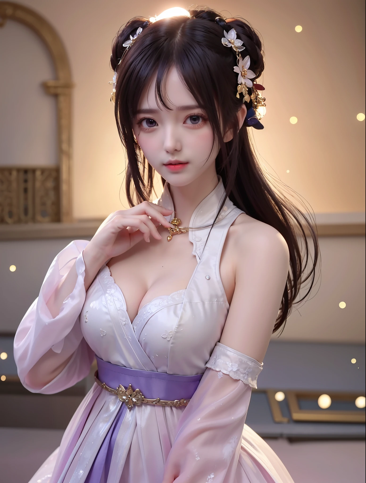 JK Maiden,A girl wearing a purple Japanese girls' school uniform,8K,Extremely high image quality,Cinematic film texture,photorealestic,Eating Japanese food,Nikkei background,depth of fields,tatami room,Warm lighting,Bow on chest,Qi bangs,Long hair that falls over the shoulder,(Playful eyes),二重まぶた,Deepening of the tail of the eyes,Lying silkworm,Wear a bracelet on your wrist,Scarlet lips,The lips are shiny and textured,Fine skin texture,Brown sparkling pupils,((((Keep your eyes on the camera)))),delicate finger,((with a round face)),(((Small lips)))