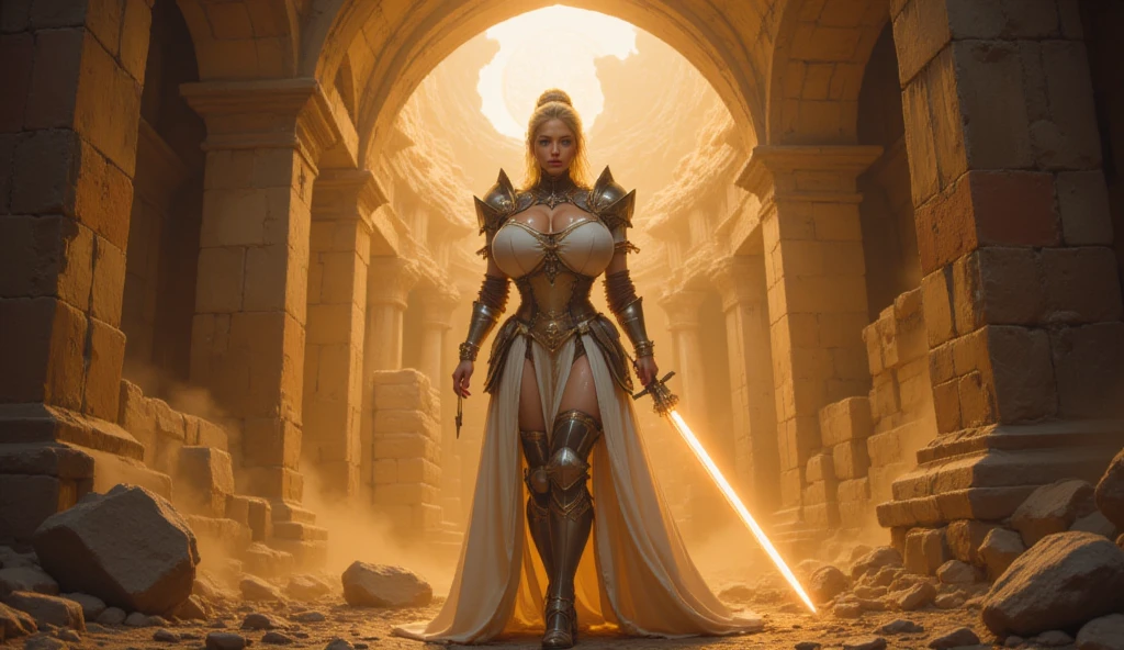 28 years old American lady, ((full body)), ((nude)), blond, blue eyes, heavily armored in black with a long cape to fight many aliens , beautiful chest, standing in the battle field, with her legs spread apart, holding a sword in her right hand, zoom in from front below