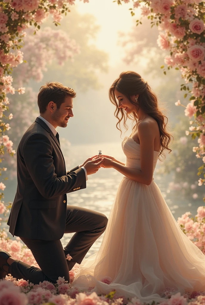 Man proposing to girl in nature giving flowers