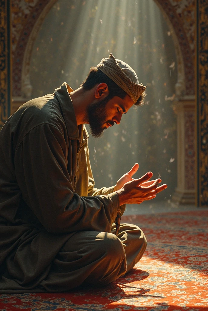 Black skin man, poor, beggar, praying in from of a Mosque