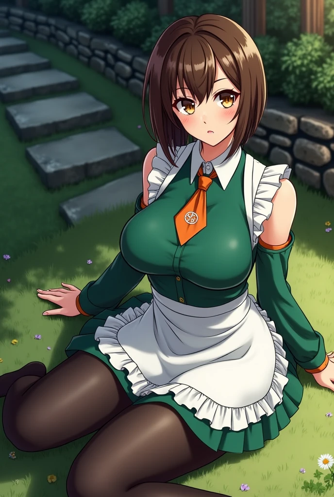 Kotoha Tachibana, (getting fucked in her pussy), (having intense sex with a man), short hair, mole, thick thighs, hourglass figure, half naked, Looking at the viewer with seductive eyes, exposed breasts, brown hair, hard nipples, exposed vagina, best quality, highres, bbyorf, gold earrings, large breasts, jewelry, off shoulder, white transparent shirt, short black skirt, black stockings, green apron, long sleeves, no panties, indoors, kitchen