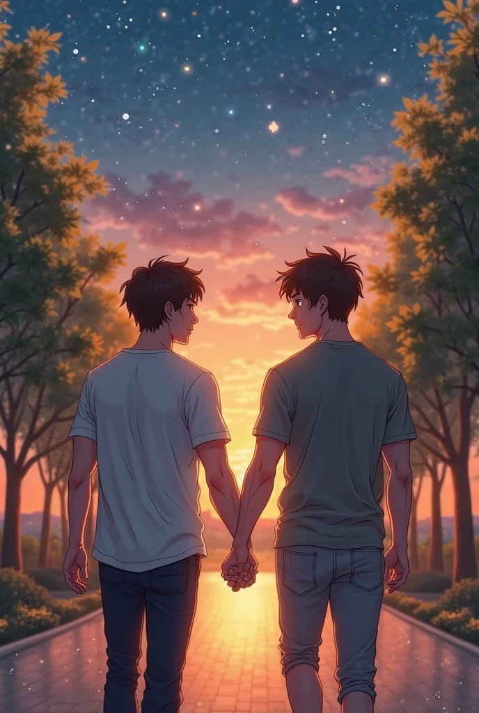 gay korean couple holding hands in love, one man has brown curly hair, very muscular and is taller than the other one, the other man is blonde, almost same height the view is from behind their back, they are casually dressed, walking around a very beautiful park on the evening, there are many stars on the sky very detailed and romantic. Their two s of  are walking ahead of them, having fun. yaoi manhwa style 