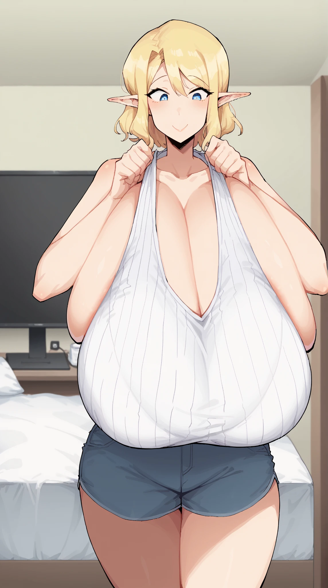 Senju Tsunade, 1 girl, ((bimbo))), long golden hair, cute smiling face, swollen lips, draw lips, thick lips, Wide hips, thick thigh, gigantic ass, The face of longing desire , giant natural breasts, ,thick thigh，thighs are fat，thighs are thick，Tear the front of the garment，revealing breasts，A sagging chest，Breasts during lactation，areola claramente visible， (thin areola)， areola, Inside seam, neckline，（without bra），（no underpants），（exposed ass） ,El cofre es Huge，（Swollen and protruding breasts are particularly massive.），hermosos big breasts, (big breasts: 3.0)、 (mature breasts: 3.0), Huge teta、Huge 、gigantic neckline breasts、big breasts、big breasts Thin waist、thin waist、tight waist,giant buttocks、Gigantic hip、big buttocks，cutting, mature mother, High Waist Jeans, the good, Walking in the house