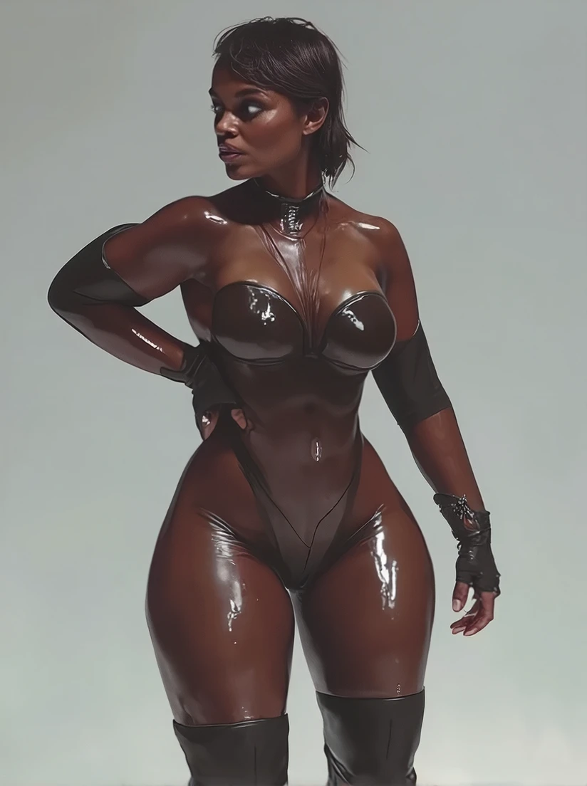 big bulging booty MASSIVE protruding ass, paired with tiny thin chest tapered waist, extremely unique, dark skin Jawara Woman, tiny waistline, huge booty, metallic fabric, thin waistline, UHD, eloquence, DSLR, no nudity, muscular abs, create a masterful Afrodite portrait, science fiction,  AfroWestern,attire: (futuristic bodysuit), covered chest breast, personality: (Warrior Queen), legs: (wide, thick, strong, muscular, powerful), bottom: (shapely, large, magnificent, hip dips, wide, fully rounded, massive), stomach: (flat, tiny, thin), hips: (trapezoidal, exaggerated, most wide, awesome), hair:(shaved side, asymmetrical, chic), no nudity 