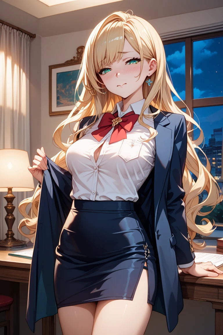 (SFW), masterpiece, best quality, highres 64k, professional artwork, famous artwork, clean, cinematic lighting, beautiful eyes + detail, beautiful hair + detail, multicoloured hair, (sexy young female body:1.4), ( medium breasts, lactation), happy:1.2, smile, sexy looking at the viewer, floating hair, kalina, blonde hair, low ponytail, blue eyes, glasses, news reporter, sweater, <lora:Kalina:0.575>, indoors, doorway, uniform,