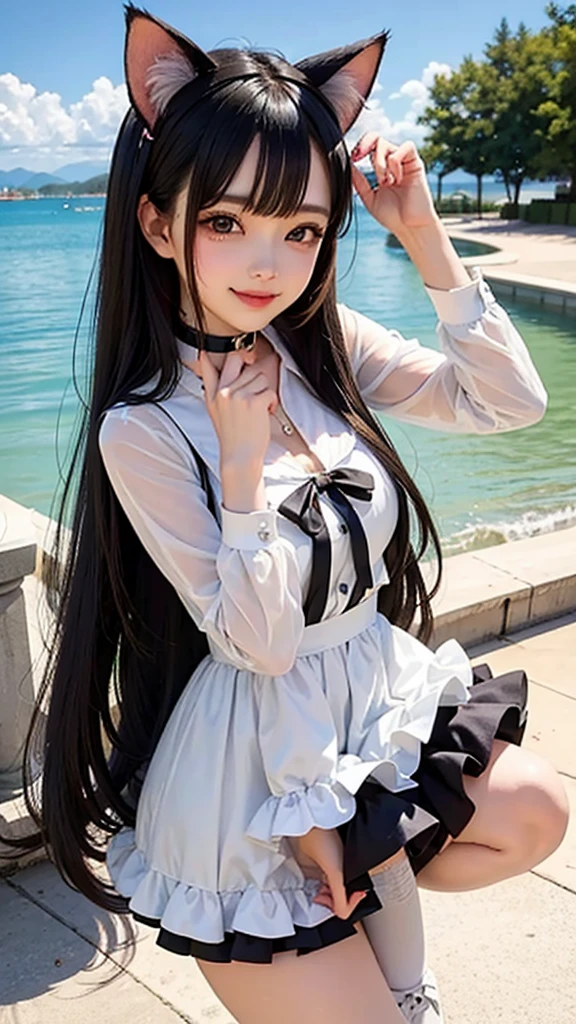 Anime girl with long black hair and a white dress posing, Anime drawing by Kamagurca, pixiv, serial art, , Gweiz, anime moe art style, Anime girl wearing a maid costume, April rendering, Gweiz on pixiv artstation, Cute anime wife in a nice dress, in a dress