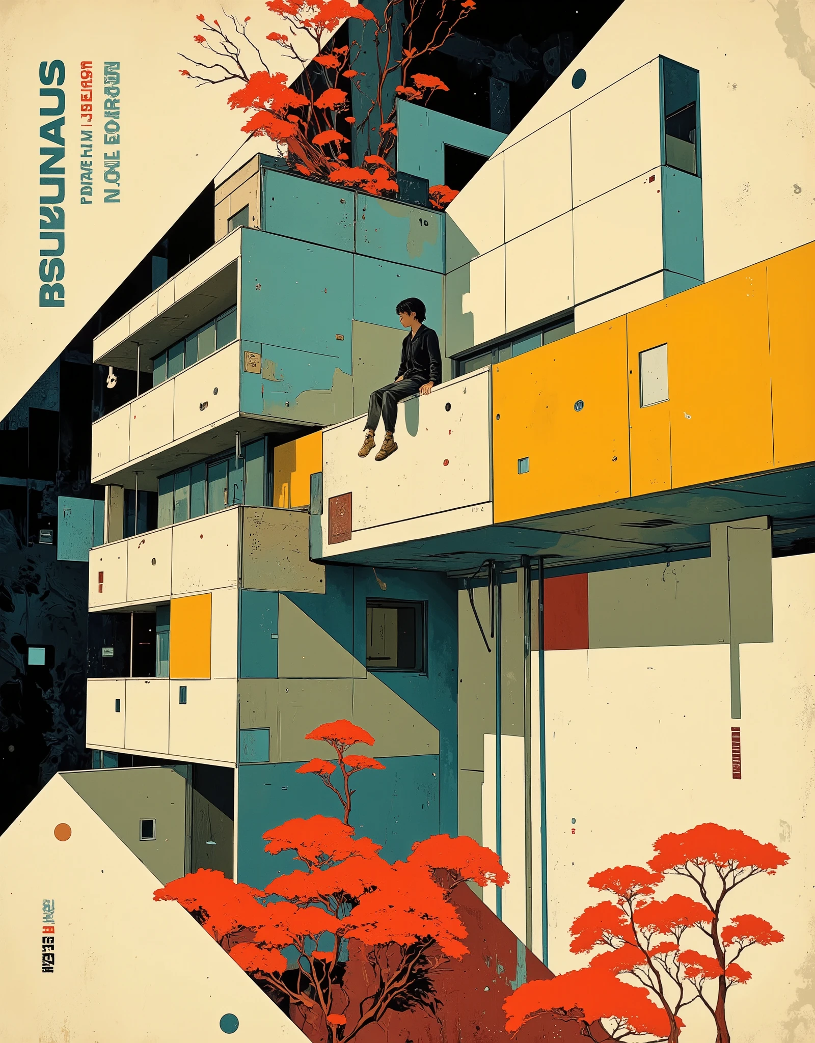 Geometrically abstract poster in the Bauhaus style. Flat design style.Large text: "Bauhaus" is placed at the top in the appropriate style. Graphic female dynamic silhouette in a dramatic pose, similar to a clear shadow and devoid of facial features, sitting on the balcony railing, against a structured architectural background resembling structures of geometric objects, with clear geometric shapes, contrasting pure colors (red, blue, yellow, black, white), Simplified image of trees, made in a flat style and bright red color. Minimalistic composition. The background resembles the Bauhaus architecture of the early 20th century - rectangular volumes, open windows, stairs, and intersecting planes. Use simple shapes: circles, squares, triangles. Dynamic but balanced arrangement of elements. The background is light or monochrome. Visual harmony and functional aesthetics. The perspective is frontal and slightly elevated.The Bauhaus poster style. Bauhaus-style typography, grunge textures, asymmetry, complex composition, stylization, linear digital art,