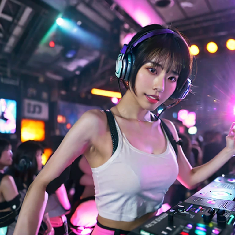 (ultra - detailed, 16K resolution, Cinema lenses, rendering by octane), (high resolution:1.18), intricate detail, (masterpiece:1.1), (highest quality:1.1), (1girl, portrait, white hair, blue eyes, short hair, detailed eyes),Wearing silver DJ headphones, sequined T-shirt, (in the beach:1.5), (Iconic hip-hop pop costumes:1.3), Smile while DJing on stage, DJ studio next to the beach, ((A stylish DJ stage on a hill overlooking the beach)), full body shot, Photorealistic photography by Sunshine, (cute round face:1.3), perfect fingers, five fingers, beautiful hands, perfect hands. master peace, cute smile, Fixhand.