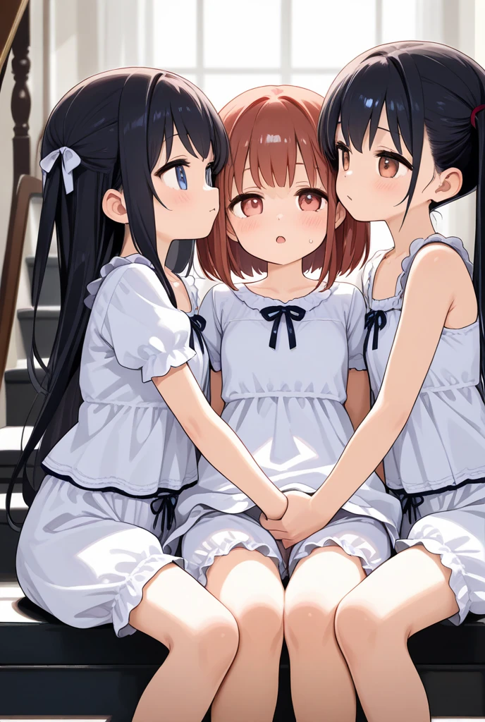 Super detailed, best quality, High resolution, Moe anime, ((((Three cute s with black hair and big round glasses hug each other.)))), (baby face), ((Big eyes:1.5, drooping eyes:1.2)), dark blue eyes, cute eyes, detailed eye description, brilliance of eyes, view audience, pale skin, ((())), NSFW, focus on the face, ((bust shot)), ((Naked Wedding Dresses, Lower body is naked)), Nipples are showing through, In the classroom, Navel exposed, bare shoulders, Skirt-lift, Shirt-lift, ((flat chest)), sitting, From above, hair ornaments