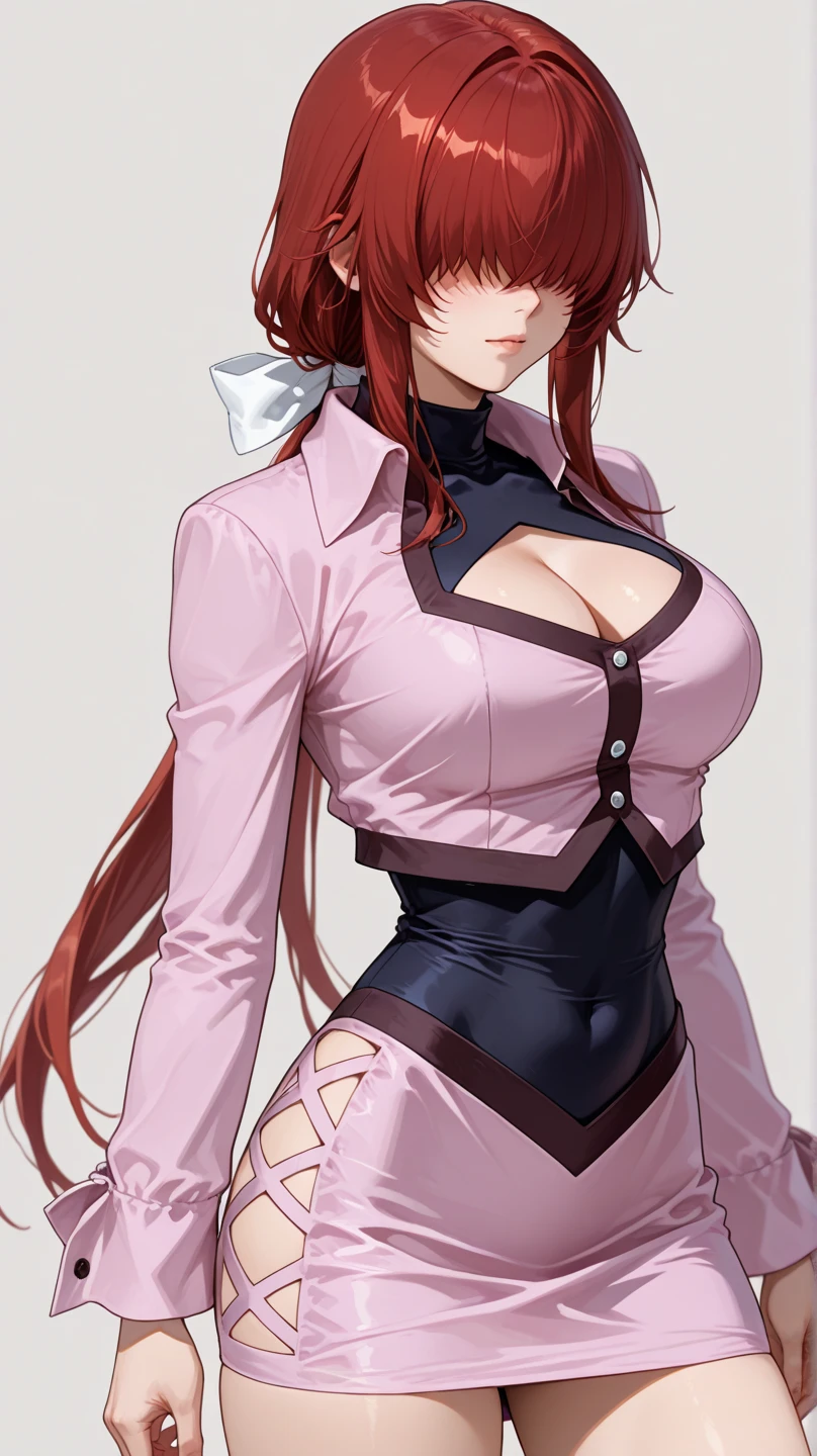"Portrait of Riruka Dokugamine in her 20s, showcasing outstanding craftsmanship and unparalleled quality. She is seen wearing a form-fitting top and stylish white stockings, with her ample ????? accentuated. Her expression radiates with a sweet shyness."