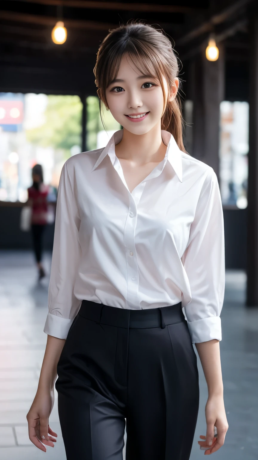 Tabletop、Highest quality、Genuine、Very detailed、finely、High resolution、8k wallpaper、One beautiful woman、light brown disheveled hair、Sharp focus、Perfect dynamic composition、Beautiful and detailed、Thinning hair、詳細なGenuineな肌の質感、smile、Close-up portrait、Model body type、smile、29-year-old Japanese woman、A long-sleeved white button-down shirt、Black Skirt、Silver sparkly rhinestone chain belt、necklace,White Tote Bag,Chest-length straight long hair, Center of chest, Natural color lip, Random sexy poses,In front of a cafe near Tokyo Station,Front image、The whole body is shown from head to toe,Anatomically correct body