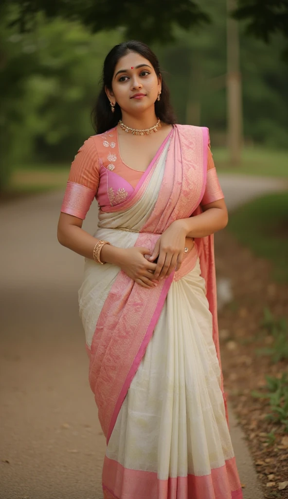 Close up shot, A radiant South Indian, chiffon white colour chiffon saree wearing plus sized girl ,with her curvaceous figure , hugging and kissing on the lips of a jubilant 60 year old  joyous embrace in a bedroom, captured in a full body image with vibrant colors and intricate details. Full body image