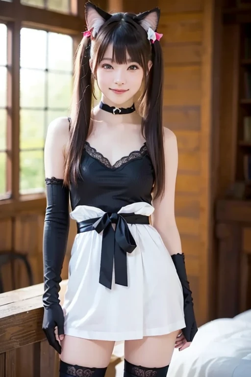 masterpiece, best quality, doamarie, twintails, x hair ornament, hair ribbon, choker, harness, black skirt, black dress, detached sleeves, black sleeves, frills, looking at viewer, smile, platform boots, sitting, table, chair, mansion, teapot, cake